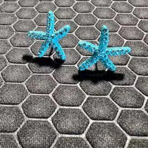 Star Fish Earrings Studs Light Aqua with Crystals 18K White Gold Plated